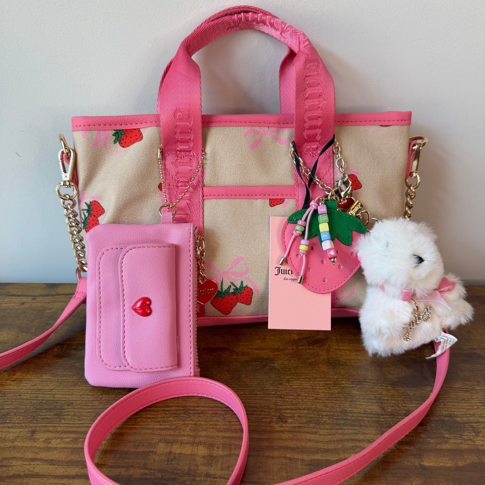 New Juicy Couture Strawberry Festival Mini Tote Crossbody Handbag Tan Pink Y2K